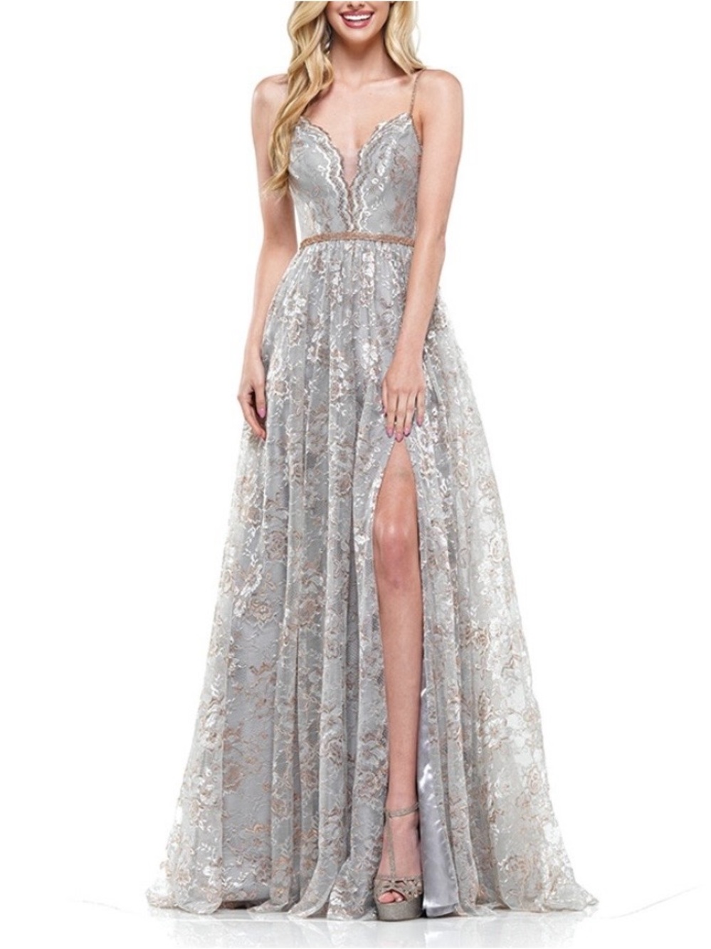 Elegant Silver & Gold Long Floral Lace Evening Gown by Colors Dress Size 14‎